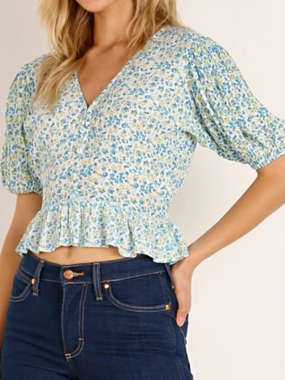 Faithfull the Brand Mona Blue and White Floral V-Neck Peplum Blouse